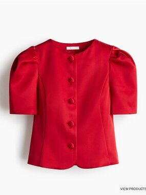 H&M Red Puff Sleeve Satin Blouse | XS | Button Front | Slim Fit